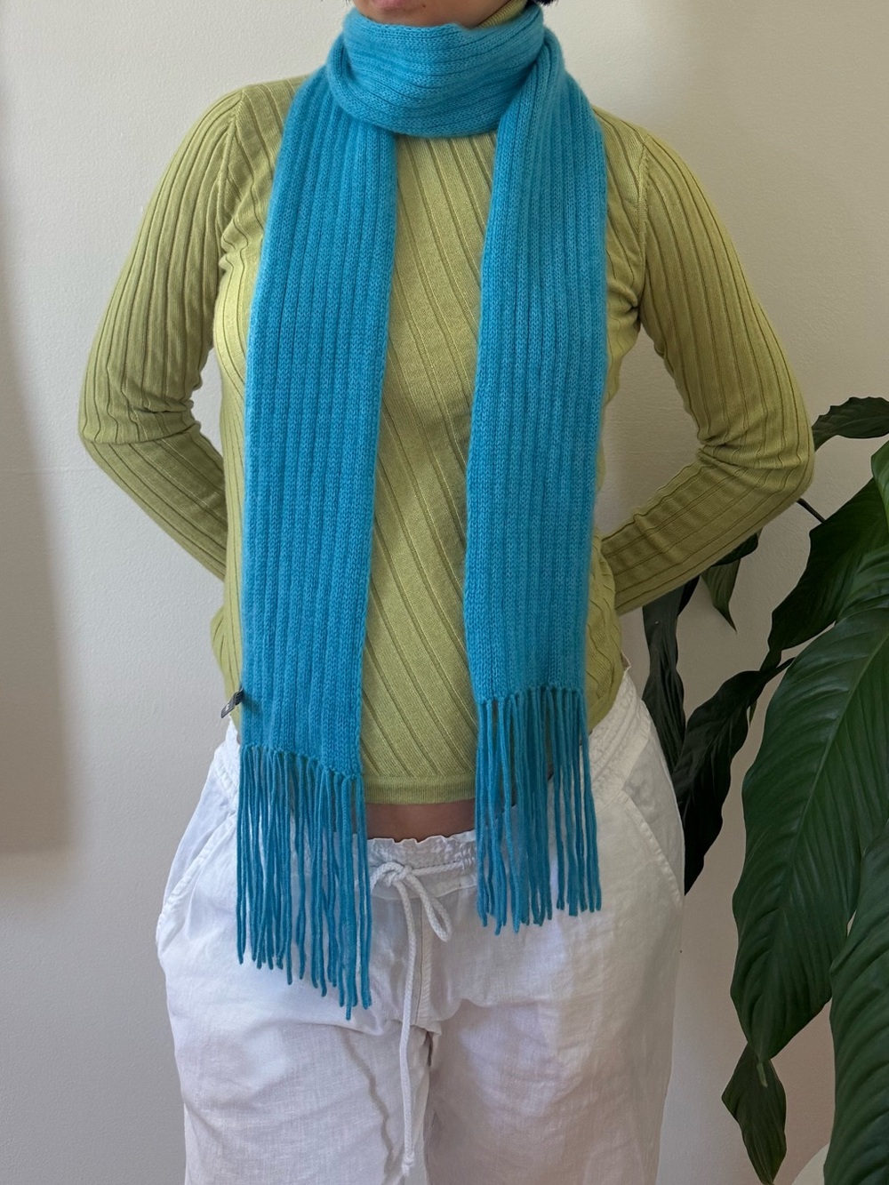 Ann Taylor 100% Cashmere Two Different Texture Turquoise Knit Scarf With Fringe
